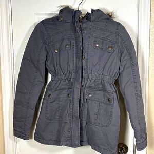 Big Girls Anorak Jacket with Faux-Fur Trim, Charcoal Grey Size Large